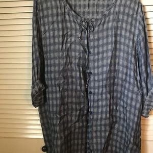 Navy and tan plaid 3/4 sleeve button down top